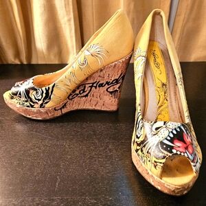 Ed Hardy Yellow Peeptoe Wedge Heels